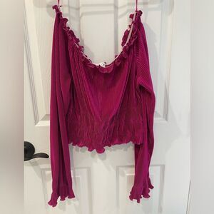 She Sky Pink Off The Shoulder Elastic Cropped Ruffle Long Sleeve Top Size L